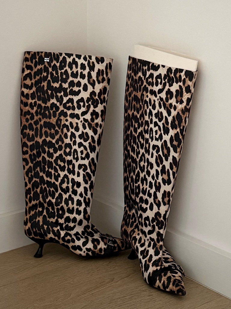 Ganni Leopard Print Pointed-Toe Knee-Length Boots